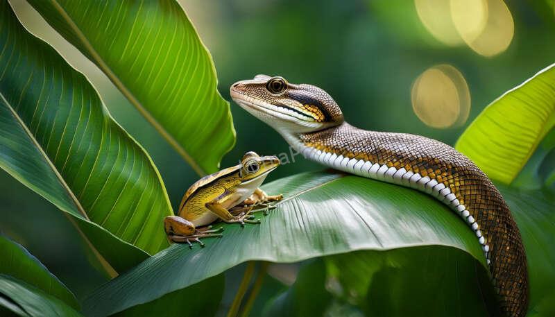 a snake and a frog are sitting side by side on a large leaf in a jungle