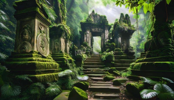 Ancient Ruins in a Lush Jungle with Vines and Statues