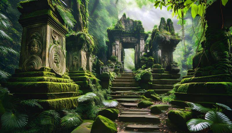 Ancient Ruins in a Lush Jungle with Vines and Statues