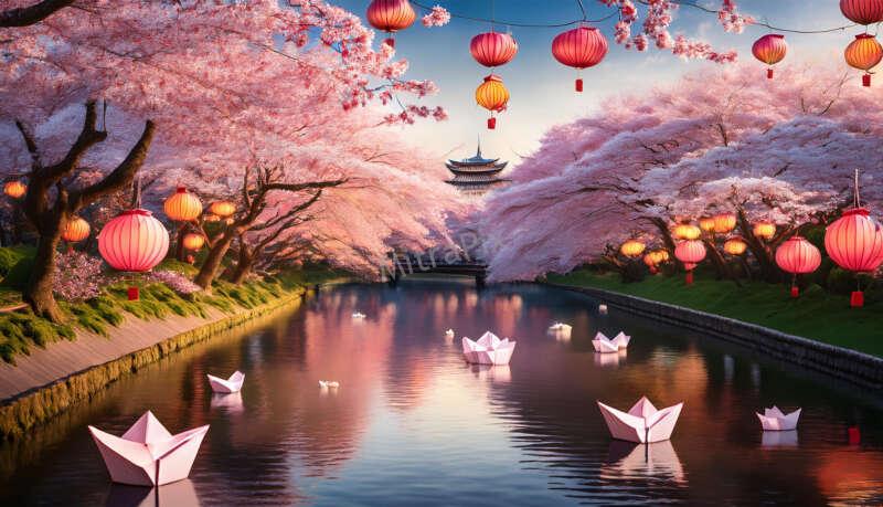Cherry Blossom Festival with Lanterns and Paper Boats