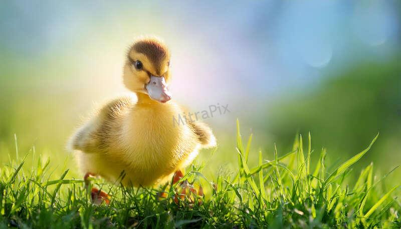 Cute Little Duckling on Grass