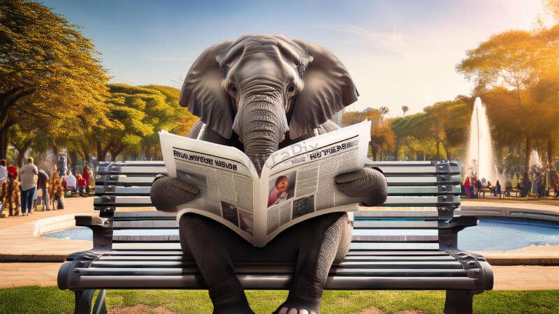 Elephant Reading a Newspaper in a Park
