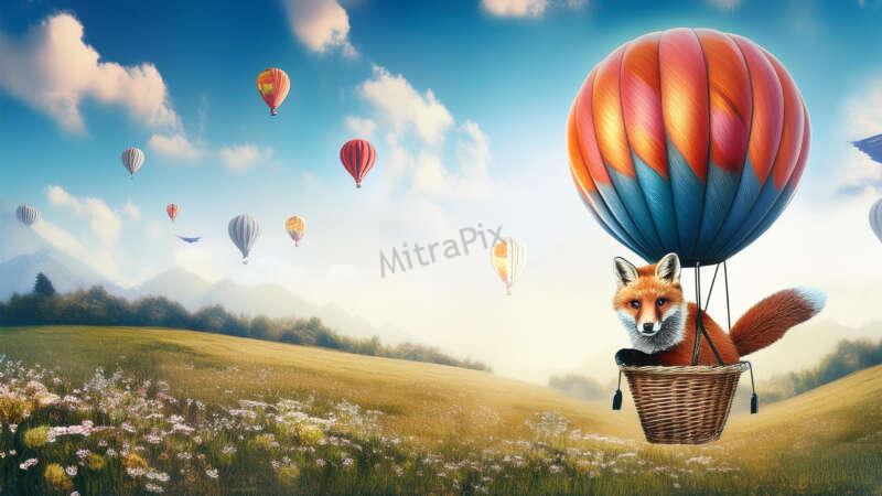 Fox in a Hot Air Balloon Over a Meadow