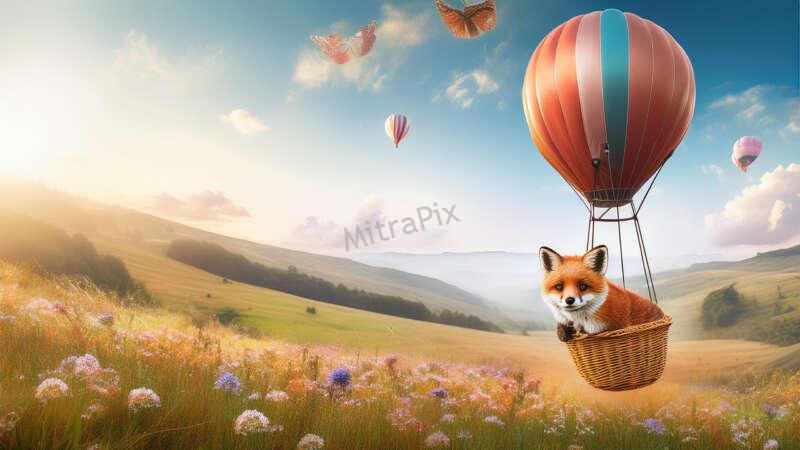 Fox in a Hot Air Balloon Over a Meadow