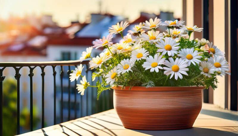 Fresh Chamomile Plant with White and Yellow Flowers on a Bright Balcony