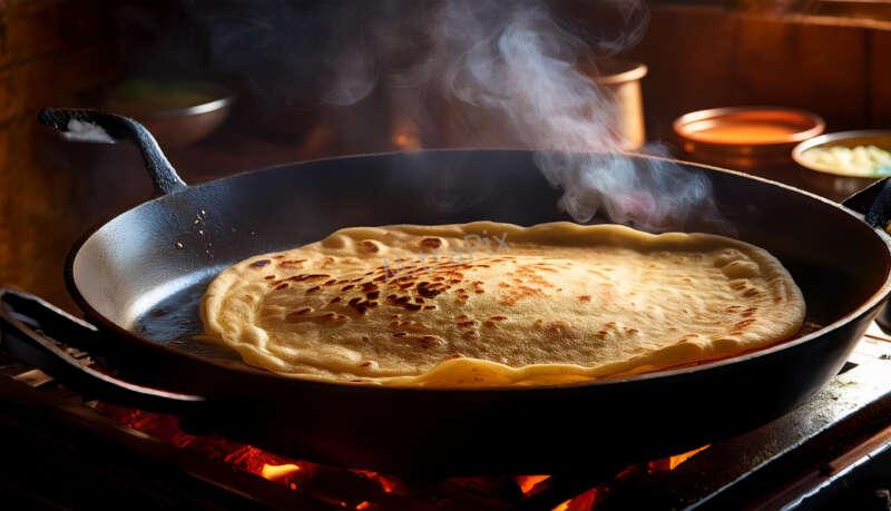 Freshly Made Paratha Cooking on Tawa with Rising Smoke