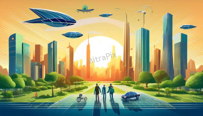 Futuristic Eco-City at Sunrise, A Vision of Sustainable Living with AI-Powered Technology