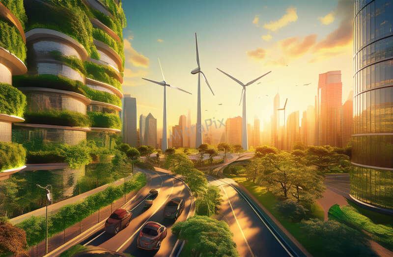 Sustainable City at Sunrise with Vertical Gardens and Green Energy